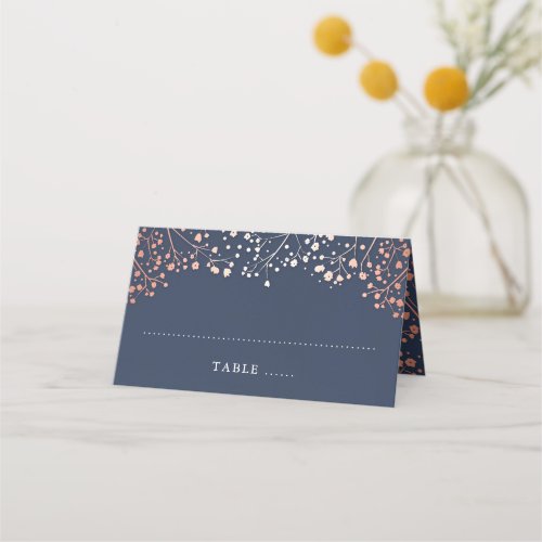 Baby's Breath Navy Blue and Rose Gold Wedding Place Card
