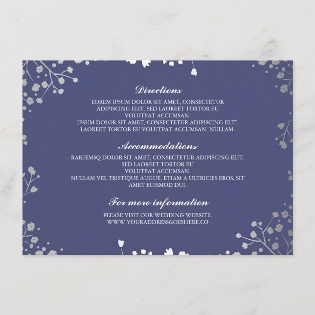 Baby's Breath Navy Silver Wedding Details Enclosure Card (Front)