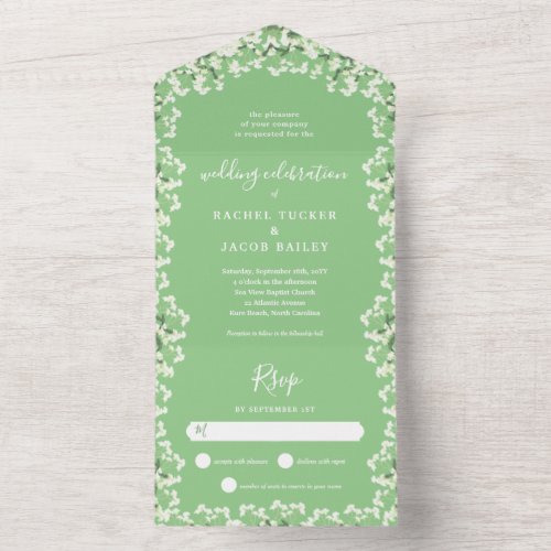 Babys Breath on Sage Green Floral Spring Wedding All In One Invitation