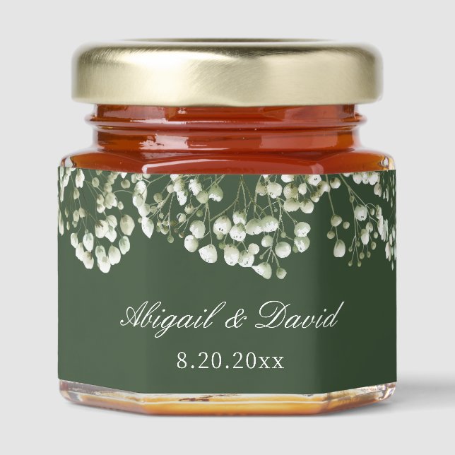 Baby's Breath on Sage Green Wedding Honey Jar Favors (Front)