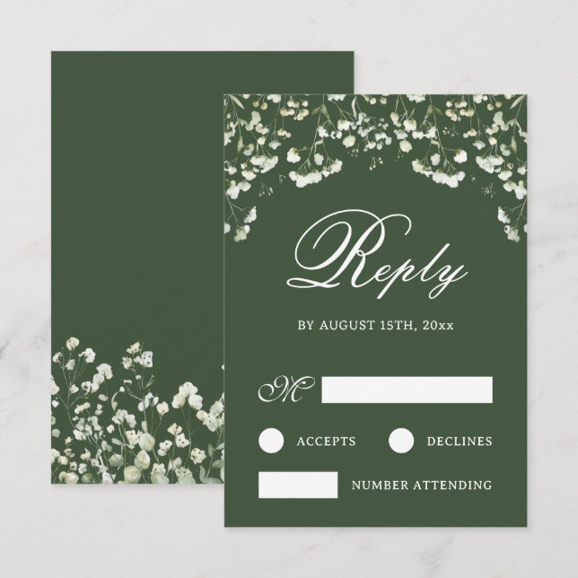 Baby's Breath on Sage Green Wedding RSVP Card (Front/Back)