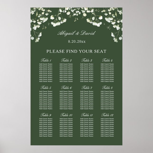 Baby's Breath on Sage Green Wedding Seating Chart (Front)