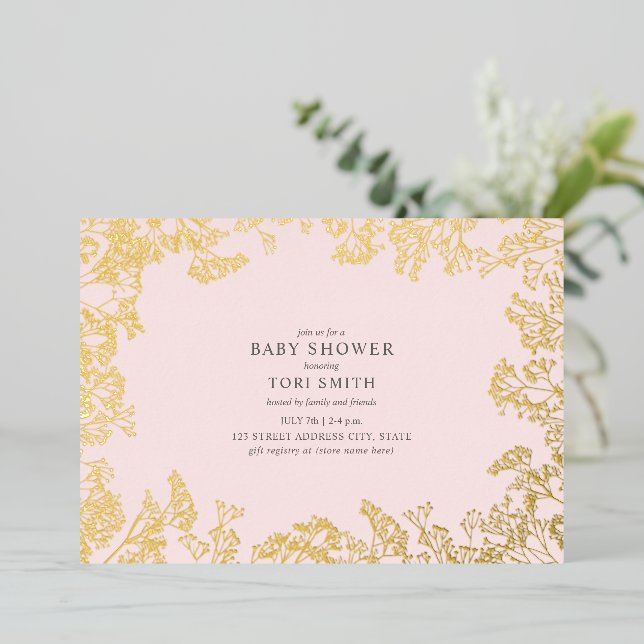 Baby's Breath Pink Girl Baby Shower Foil Invitation (Standing Front)