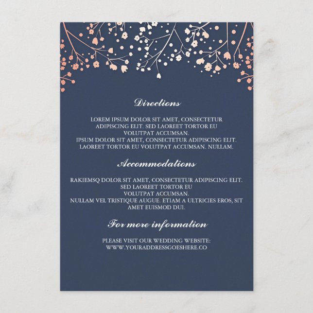 Baby's Breath Rose Gold and Navy Wedding Details Enclosure Card (Front)