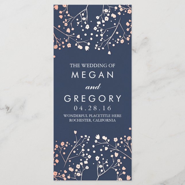 Baby's Breath Rose Gold and Navy Wedding Programs (Front)