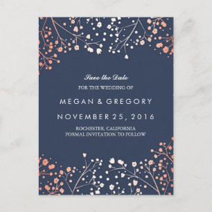 baby's breath rose gold floral navy save the date announcement postcard