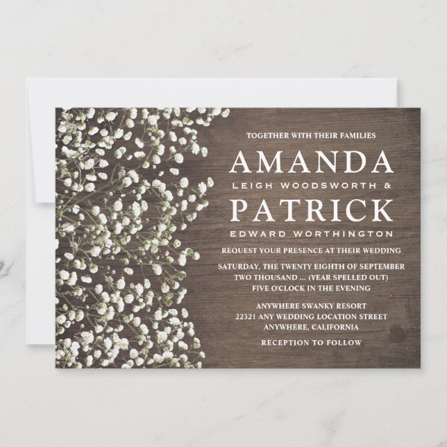 Baby's Breath Rustic Barn Wood Wedding Invitations (Front)