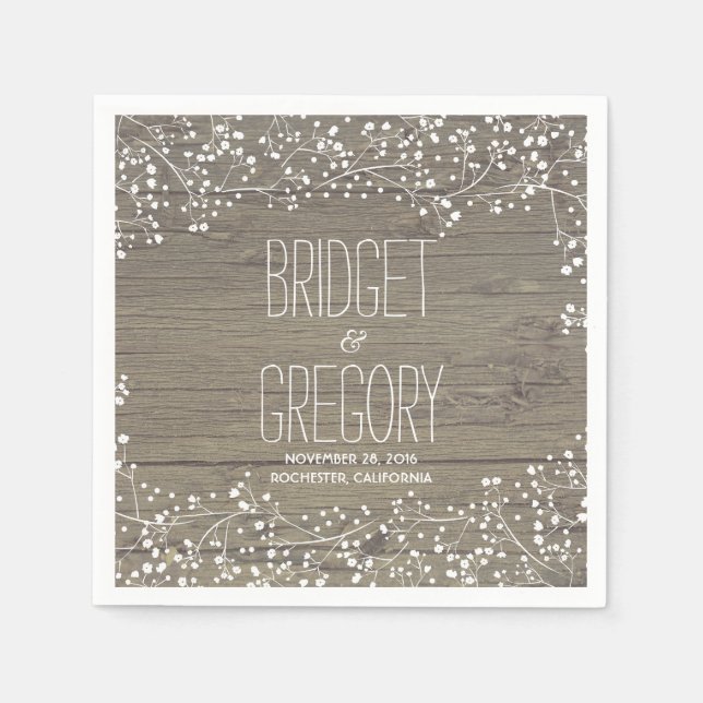 Baby's Breath Rustic Barn Wood Wedding Paper Napkins (Front)