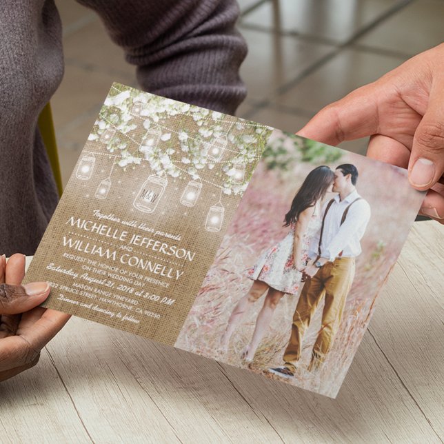 Baby's Breath Rustic Burlap Photo Wedding Invitation (Creator Uploaded)