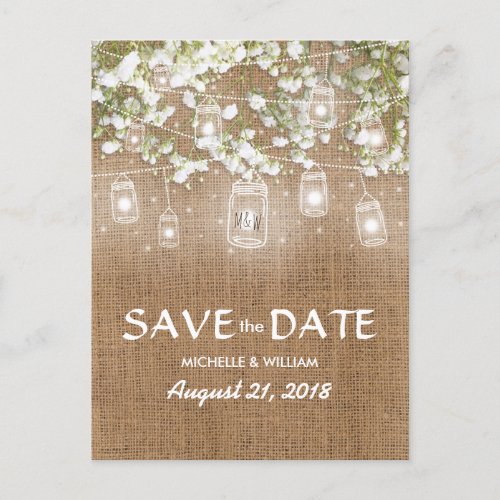 Babys Breath Rustic Burlap Save the Date Announcement Postcard