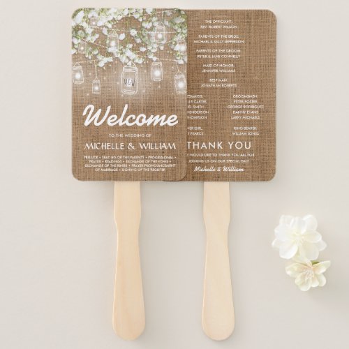 Babys Breath Rustic Burlap Wedding Program Hand Fan