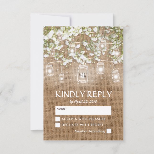 Baby's Breath Rustic Burlap Wedding RSVP Card (Front)