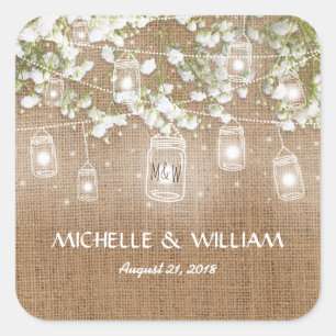 Baby's Breath Rustic Burlap Wedding Square Sticker