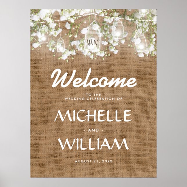 Baby's Breath Rustic Burlap Wedding Welcome Poster (Front)