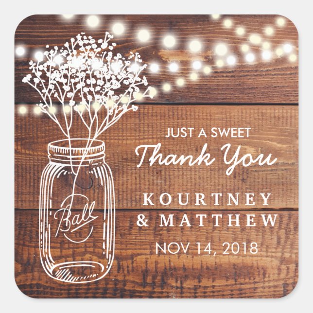 Baby's Breath Rustic Country | Mason Jar Wedding Square Sticker (Front)