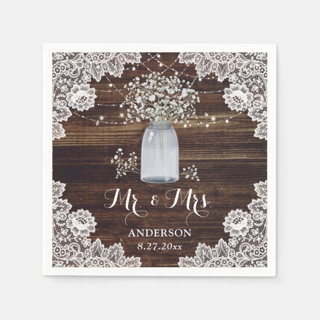 Baby's Breath Rustic Country Wood Lace Wedding Napkins (Front)