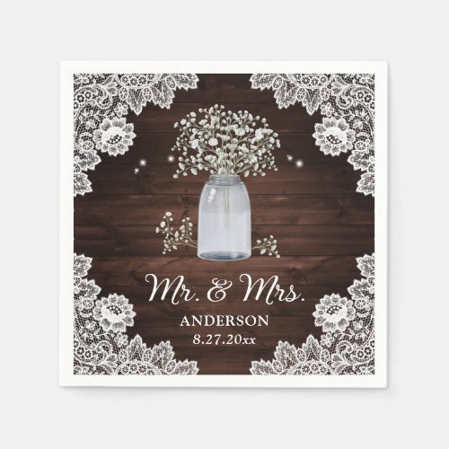Babys Breath Rustic Country Wood Lace Wedding Napkins
