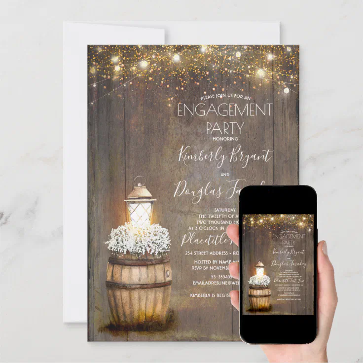 Baby's Breath Rustic Lantern Engagement Party Invitation Zazzle