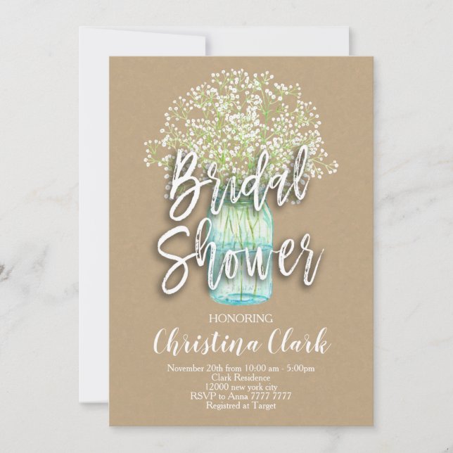 Baby's Breath Rustic Mason Jar Bridal Shower Invitation (Front)