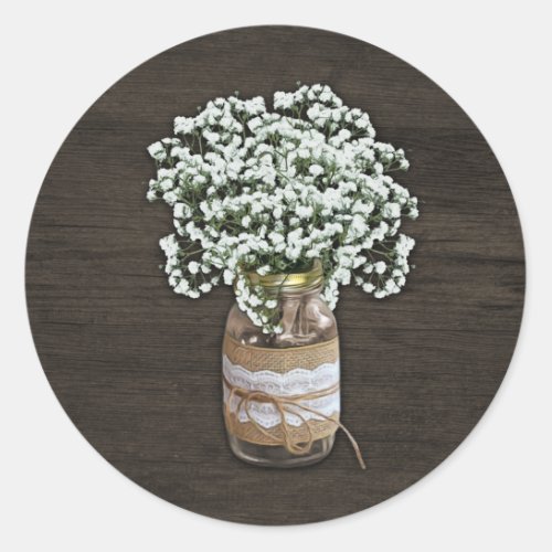 Babys Breath Rustic Mason Jar Wood Wedding Favors Classic Round Sticker