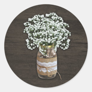 Baby's Breath Rustic Mason Jar Wood Wedding Favors Classic Round Sticker