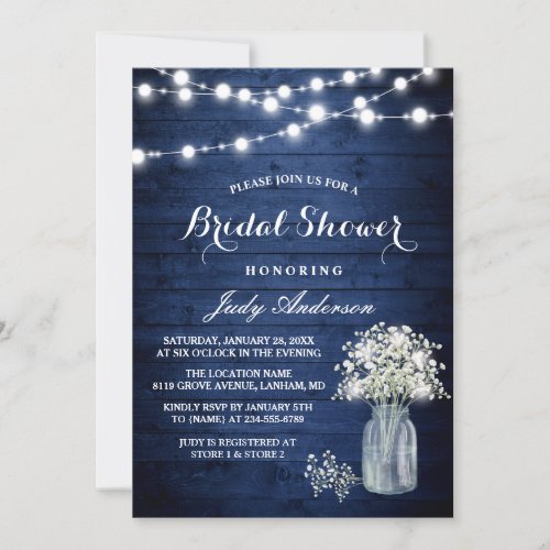 Babys Breath Rustic Navy Blue Lights Bridal Shower Invitation