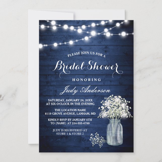 Babys Breath Rustic Navy Blue Lights Bridal Shower Invitation (Front)