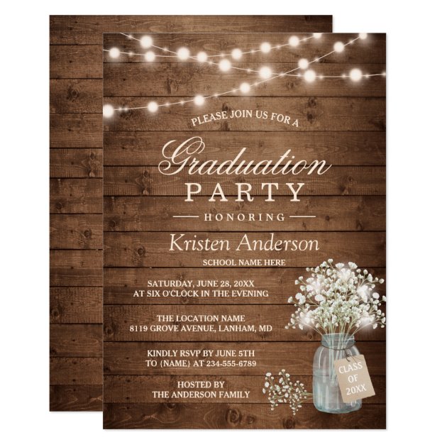 Baby's Breath Rustic String Light Graduation Party Card (front side)