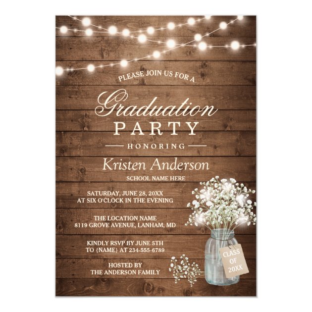 Baby's Breath Rustic String Light Graduation Party Card