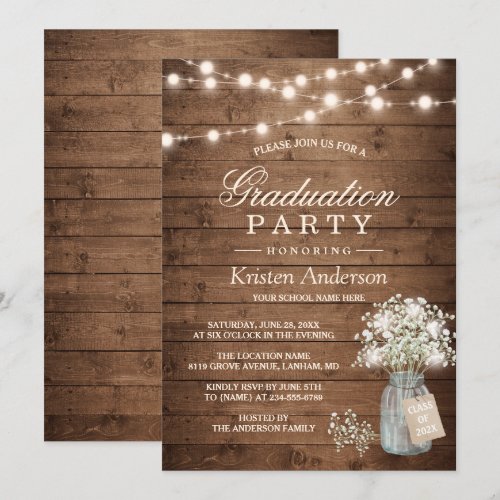 Baby's Breath Rustic String Light Graduation Party Card