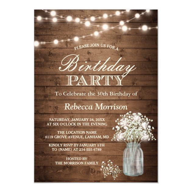 Baby's Breath Rustic String Lights Birthday Party Invitation