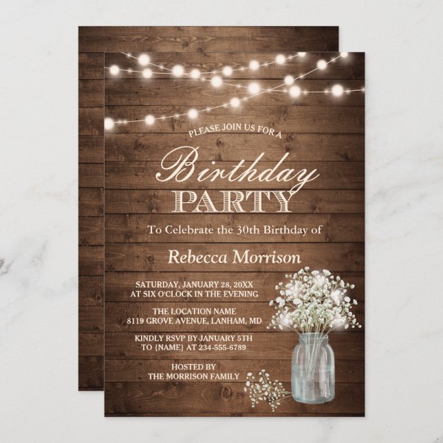 Baby's Breath Rustic String Lights Birthday Party Invitation (Front/Back)
