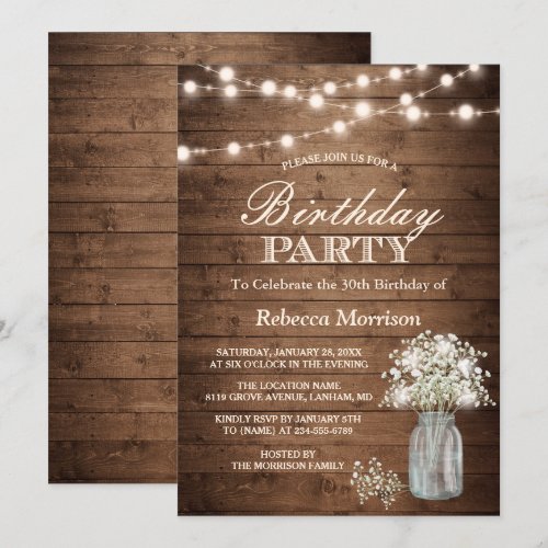 Baby's Breath Rustic String Lights Birthday Party Card