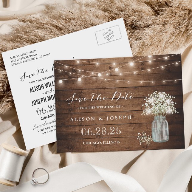 Baby's Breath Rustic String Lights Save the Date Announcement Postcard (Creator Uploaded)