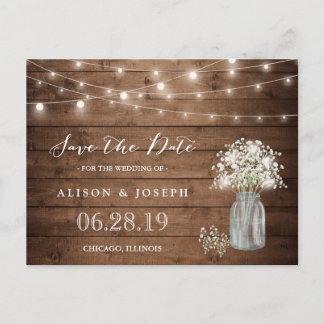Baby's Breath Rustic String Lights Save the Date Announcement Postcard