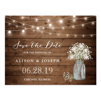 Baby's Breath Rustic String Lights Save the Date Postcard