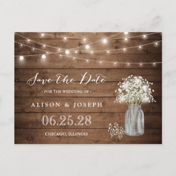 Baby's Breath Rustic String Lights Save The Date Postcard by CardHunter at Zazzle