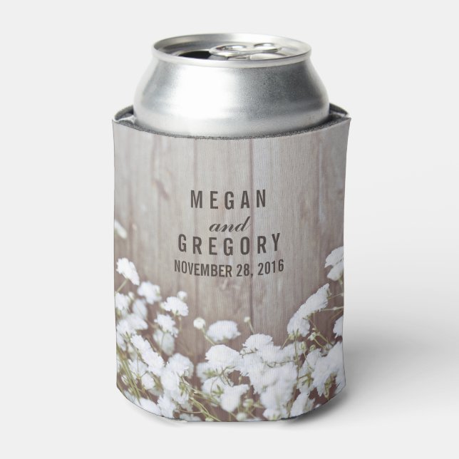 Baby's Breath Rustic Wedding Can Cooler (Can Front)