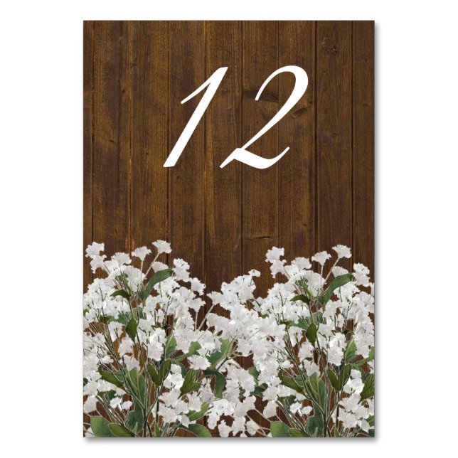 Babys Breath Rustic Wedding Table Number Card (Front)