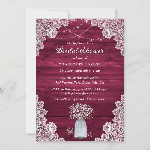 Babys Breath Rustic Wood Burgundy Bridal Shower Invitation