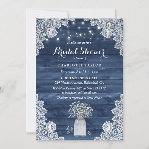 Babys Breath Rustic Wood Dusty Blue Bridal Shower Invitation