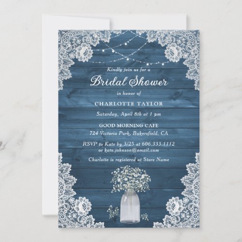 Babys Breath Rustic Wood Dusty Blue Bridal Shower Invitation