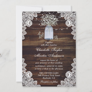 Baby's Breath Rustic Wood Lace Lights Wedding Invitation