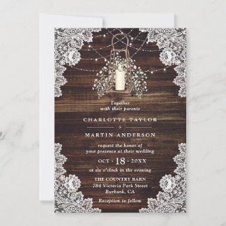 Baby's Breath Rustic Wood Lights Lantern Wedding Invitation