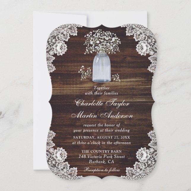 Baby's Breath Rustic Wood Lights Mason Jar Wedding Invitation (Front)