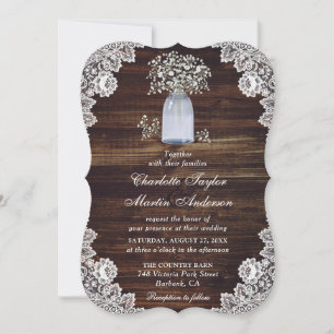 Baby's Breath Rustic Wood Lights Mason Jar Wedding Invitation