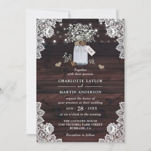 Babys Breath Rustic Wood Mason Jar Barn Wedding Invitation