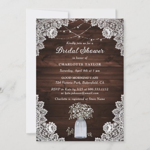 Babys Breath Rustic Wood Mason Jar Bridal Shower Invitation