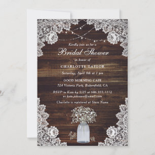 Baby's Breath Rustic Wood Mason Jar Bridal Shower Invitation