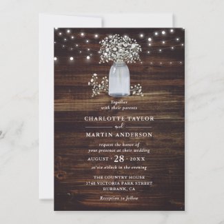 Baby's Breath Rustic Wood Mason Jar Wedding Invita Invitation